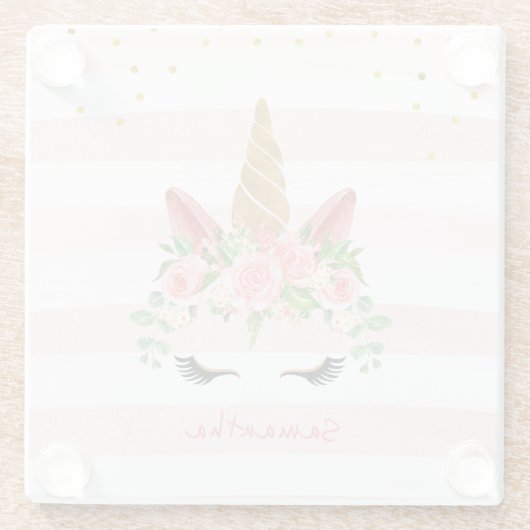 Niedlich rosa Einhorngesicht mit Blume Glasuntersetzer (Rückseite)