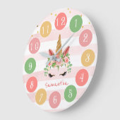 Niedlich rosa Einhorngesicht mit Blume Große Wanduhr (Winkel)