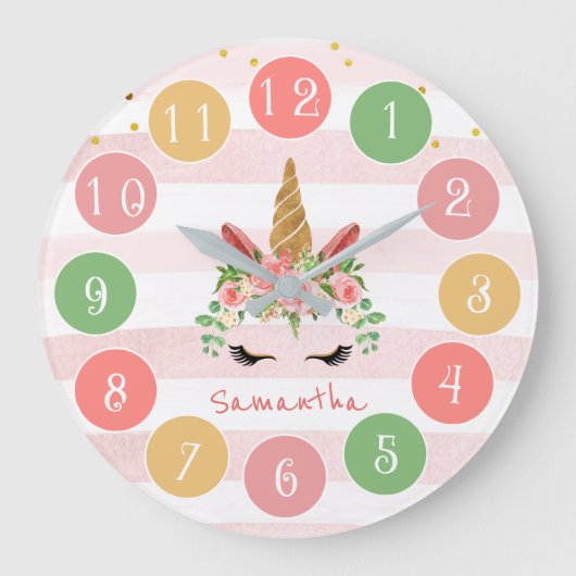 Niedlich rosa Einhorngesicht mit Blume Große Wanduhr (Vorderseite)