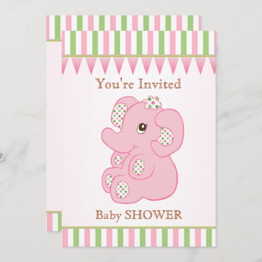 Niedlich rosa Elefantenmädchen Kinderdusche Einlad Einladung (Vorne/Hinten)