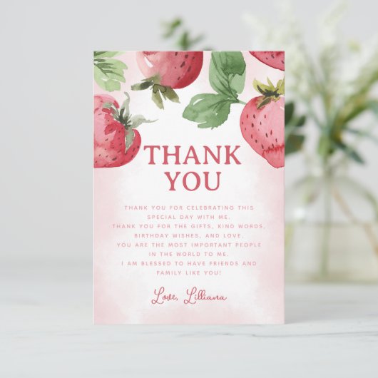 Niedlich Rosa Erdbeere Dankeskarte (Stehend Vorderseite)