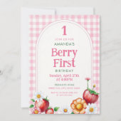 Niedlich Rosa Erdbeeren & Wildblumen 1. Geburtstag Einladung (Vorderseite)