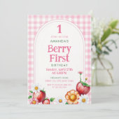 Niedlich Rosa Erdbeeren & Wildblumen 1. Geburtstag Einladung (Stehend Vorderseite)