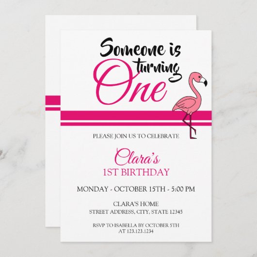 Niedlich rosa Flamingo 1. Geburtstag Einladung (Vorne/Hinten)