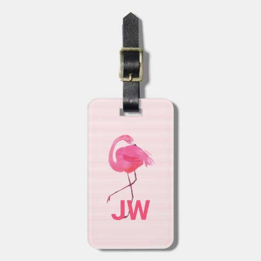 Niedlich rosa Flamingo auf gestreiftem Hintergrund Gepäckanhänger (Vorderseite vertikal)