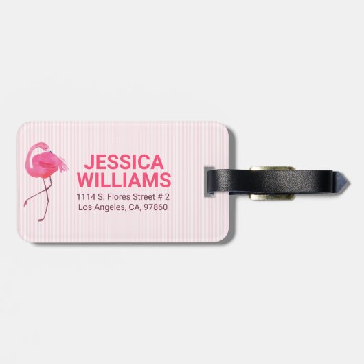 Niedlich rosa Flamingo auf gestreiftem Hintergrund Gepäckanhänger (Rückseite horizontal)