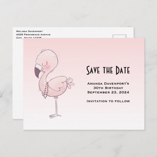 Niedlich-rosa-Flamingo-Illustration Save the Date Einladungspostkarte (Vorne/Hinten)