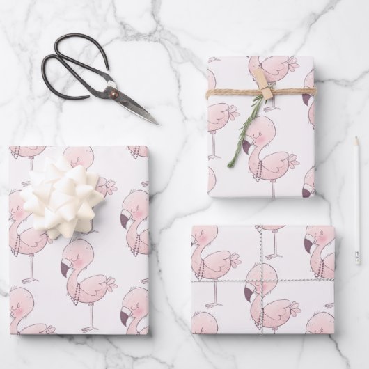Niedlich rosa Flamingo Illustrationsmuster Geschenkpapier Set (Vorderseite)