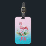Niedlich rosa Flamingo im Hintergrund Gepäckanhänger<br><div class="desc">Niedliche pinkfarbene Flamingos Aquarellbilder über glitzerndem Rosa und blauem Hintergrund.</div>