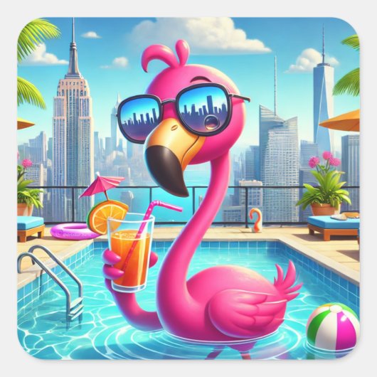 Niedlich rosa Flamingo Poolside Trinkheber Quadratischer Aufkleber (Vorderseite)