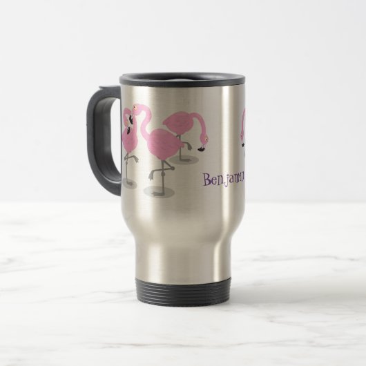 Niedlich rosa Flamingo Trio Cartoon personalisiert Reisebecher (Vorderseite Links)