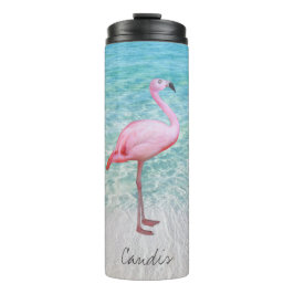 Niedlich rosa Flamingo Tropical Beach Name Fine Ar Thermosbecher