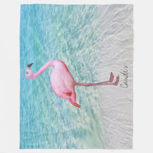 Niedlich rosa Flamingo Tropical Sandy Beach Name Fleecedecke (Vorderseite)