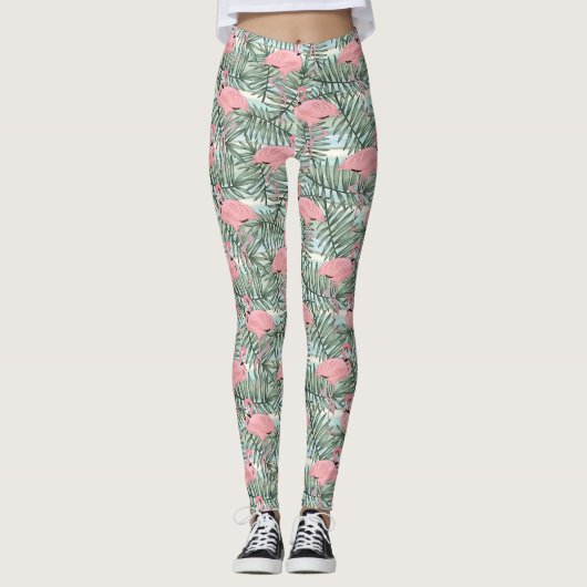 Niedlich rosa Flamingoes Palm Leafs Muster Leggings (Vorderseite)