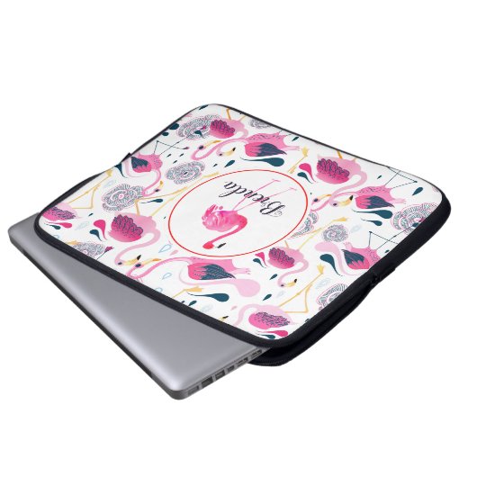 Niedlich rosa Flamingos-Muster Monogram Laptopschutzhülle (Vorne Knopf)