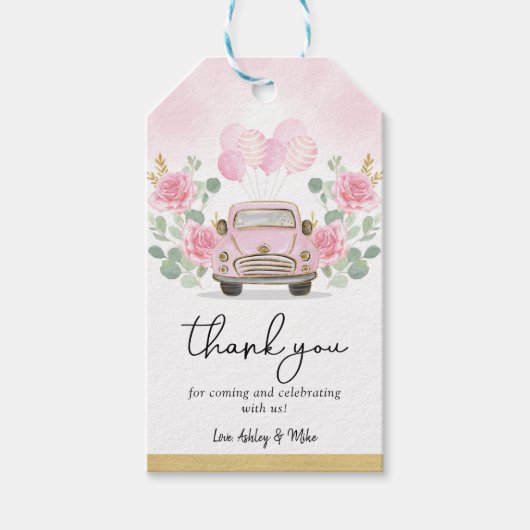 Niedlich rosa Floral Travel Drive Thru Baby Showro Geschenkanhänger (Vorderseite)