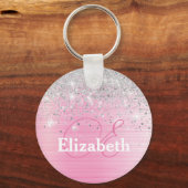 Niedlich rosa gebürstetes Metall Silber Glitzer Mo Schlüsselanhänger (Vorderseite)