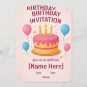 Niedlich-Rosa-Geburtstagskarte | Einladung (Vorne/Hinten)