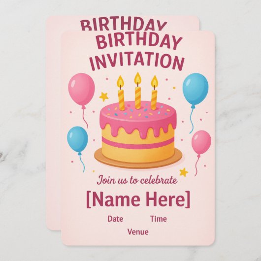 Niedlich-Rosa-Geburtstagskarte | Einladung (Vorne/Hinten)