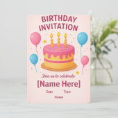 Niedlich-Rosa-Geburtstagskarte | Einladung (Stehend Vorderseite)