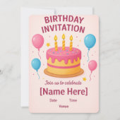 Niedlich-Rosa-Geburtstagskarte | Einladung (Vorderseite)