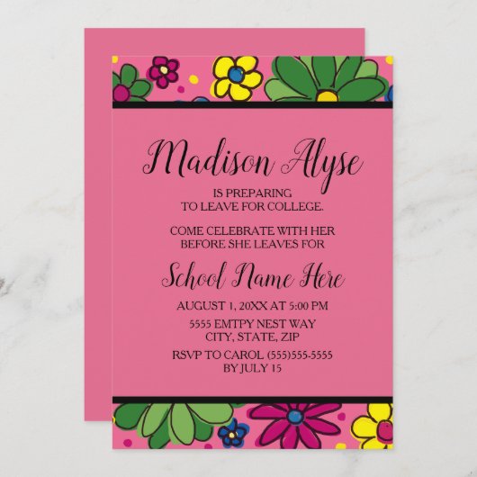 Niedlich rosa Gelbgrün-grünes Party Einladung (Vorne/Hinten)