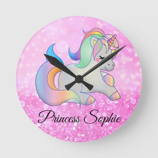 Niedlich rosa Glitzer Einhornmonogramm Runde Wanduhr (Vorderseite)