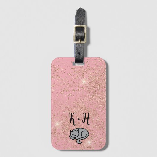 Niedlich rosa Glitzer Katzenmonogramm Gepäckanhänger (Vorderseite Vertikal)