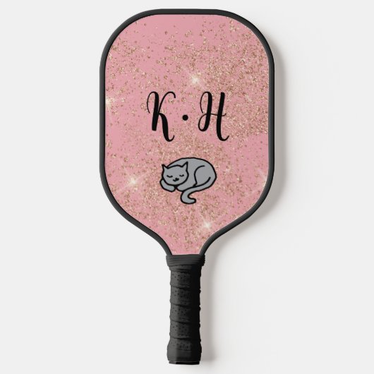 Niedlich rosa Glitzer Katzenmonogramm Pickleball Schläger (Rückseite)