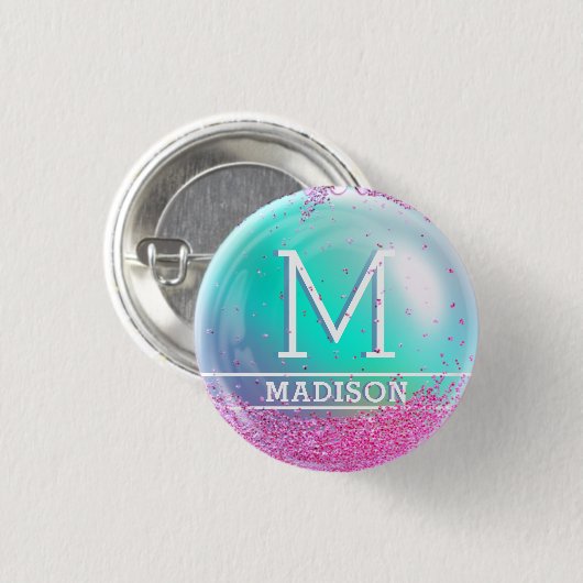 Niedlich rosa Glitzer mit Personalisiertem Namen L Button (Vorne & Hinten)