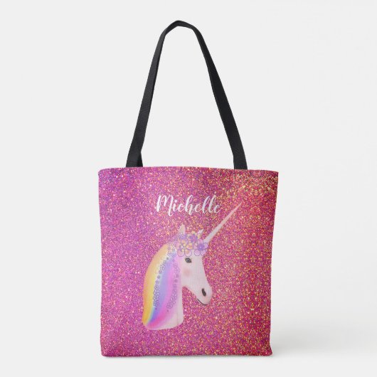 Niedlich rosa Glitzer Unicorn Personalisierter Nam Tasche (Rückseite)