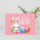 Niedlich, rosa glücklich Osterhase Feiertagskarte (Stehend Vorderseite)