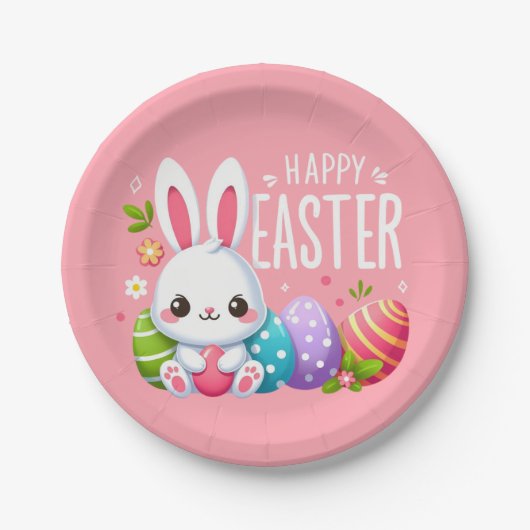 Niedlich, rosa glücklich Osterhase Pappteller (Vorderseite)