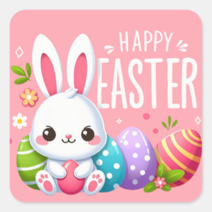 Niedlich, rosa glücklich Osterhase Quadratischer Aufkleber