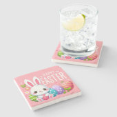 Niedlich, rosa glücklich Osterhase Steinuntersetzer (Seitenansicht)