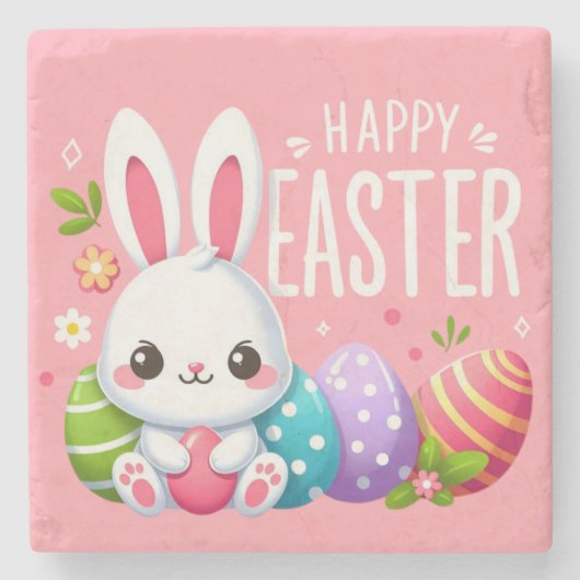 Niedlich, rosa glücklich Osterhase Steinuntersetzer (Vorderseite)
