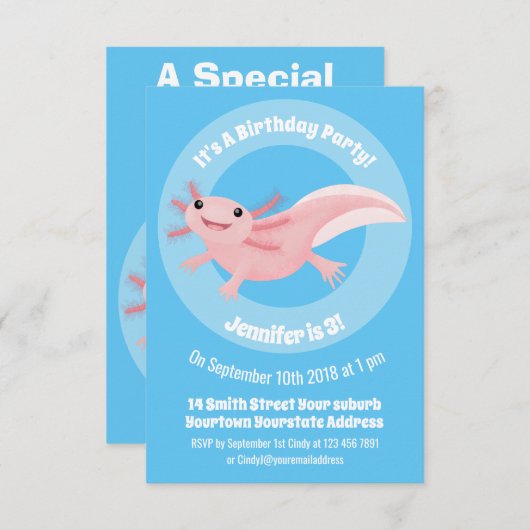 Niedlich-rosa-glückliche axolotl einladung (Vorne/Hinten)