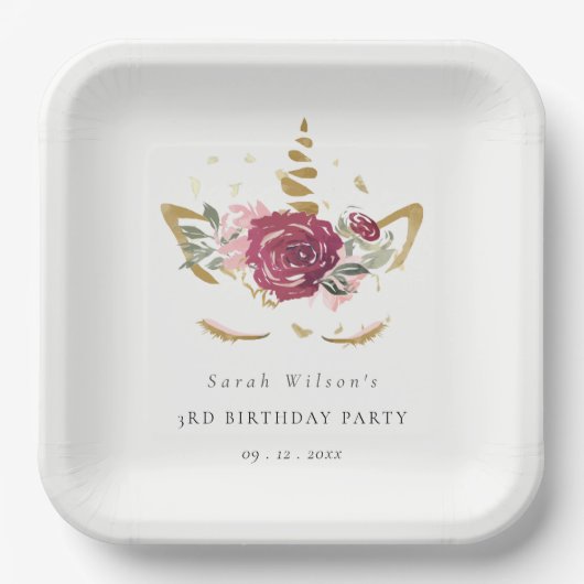 Niedlich rosa goldfarbene Blütenzunge Einhorn jede Pappteller (Vorderseite)