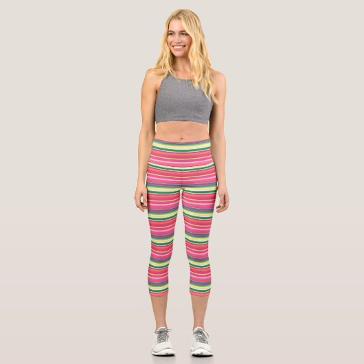 Niedlich rosa grüne Streifen Capri Leggings (Vorderseite)
