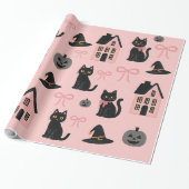 Niedlich-rosa Halloween-Katzen und Hexenhasen Geschenkpapier (Ungerollt)