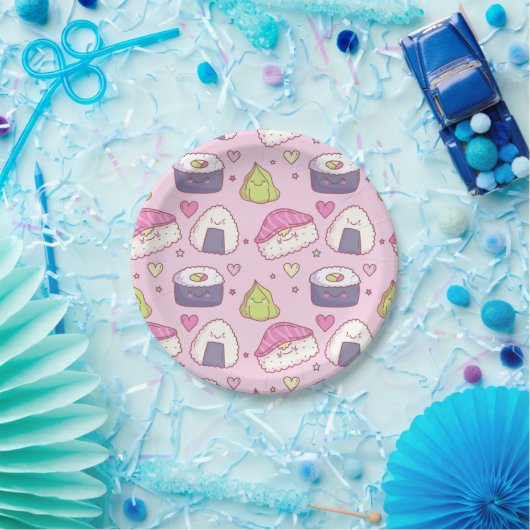 Niedlich-rosa Hintergrund Sushi Kawaii Party Pappteller (Party)