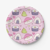Niedlich-rosa Hintergrund Sushi Kawaii Party Pappteller (Vorderseite)