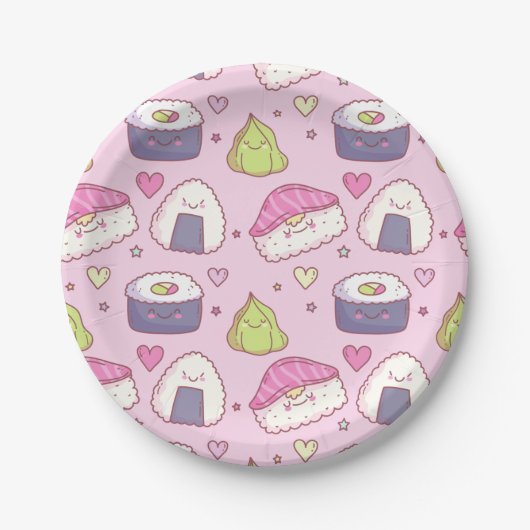 Niedlich-rosa Hintergrund Sushi Kawaii Party Pappteller (Vorderseite)