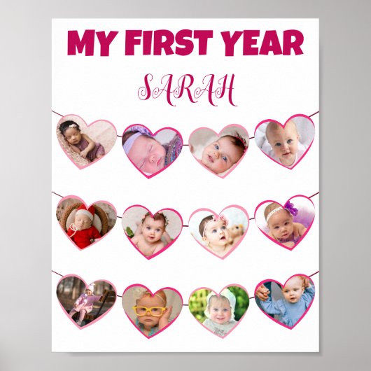 Niedlich rosa Hört mein erstes Jahr 12 FotoCollage Poster (Vorne)