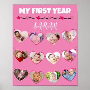 Niedlich rosa Hört mein erstes Jahr 12 FotoCollage Poster