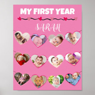 Niedlich rosa Hört mein erstes Jahr 12 FotoCollage Poster