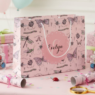 Niedlich-rosa-Insekten-Monogramm-Girl Große Geschenktüte