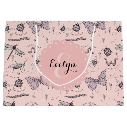 Niedlich-rosa-Insekten-Monogramm-Girl Große Geschenktüte (Vorderseite)