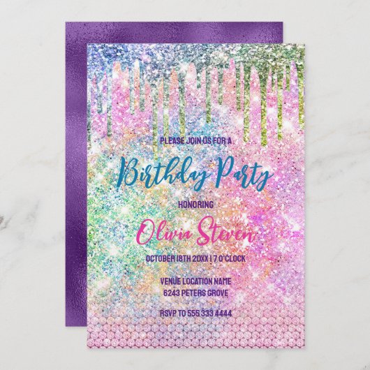 Niedlich-rosa-irisierende Einhorn-Imitate Glitzer- Einladung (Vorne/Hinten)