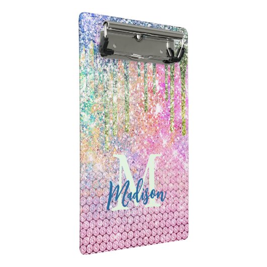 Niedlich-rosa-irisierende Einhorn-Imitate Glitzer- Mini Klemmbrett (Schrägansicht)